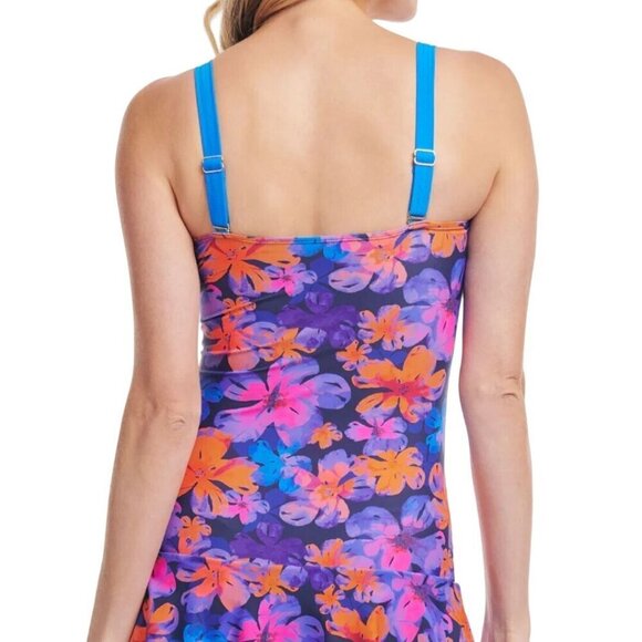 Mazu Swim Shirred One Piece Skater Swim Dress Blue Black Snake Print Size 8 - Picture 4 of 12